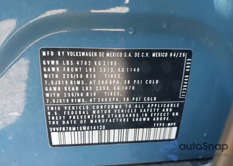 2025 Volkswagen Tiguan 2.0T Se z USA, uszkodzony, nr VIN 3VVFR7RM1SM014120